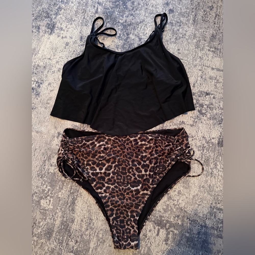 Tankini - Black SwimTop and Leopard Print Bottoms